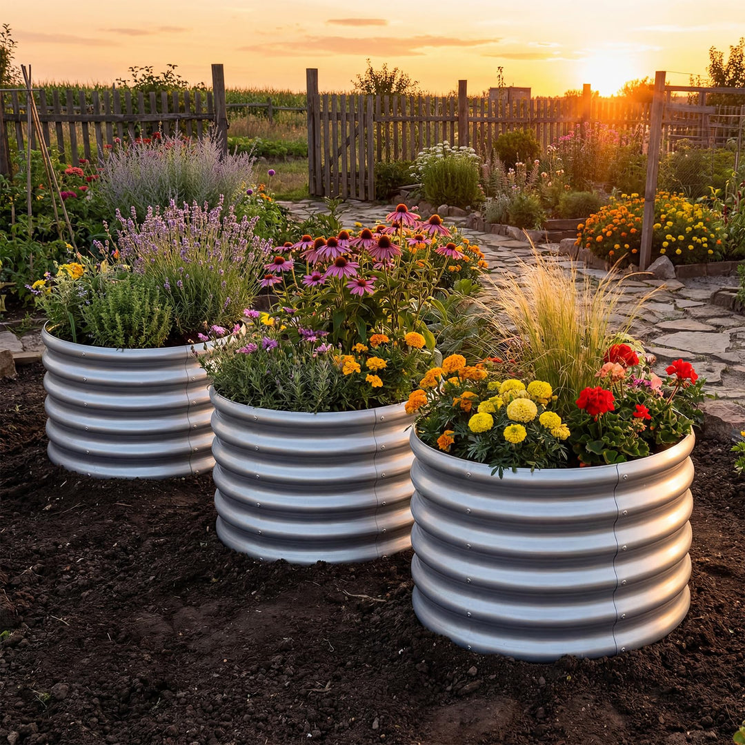 Giantex Galvanized 2 x 2 x 1.5 FT Round Outdoor Planter Box with Open-Ended Base (1/2)