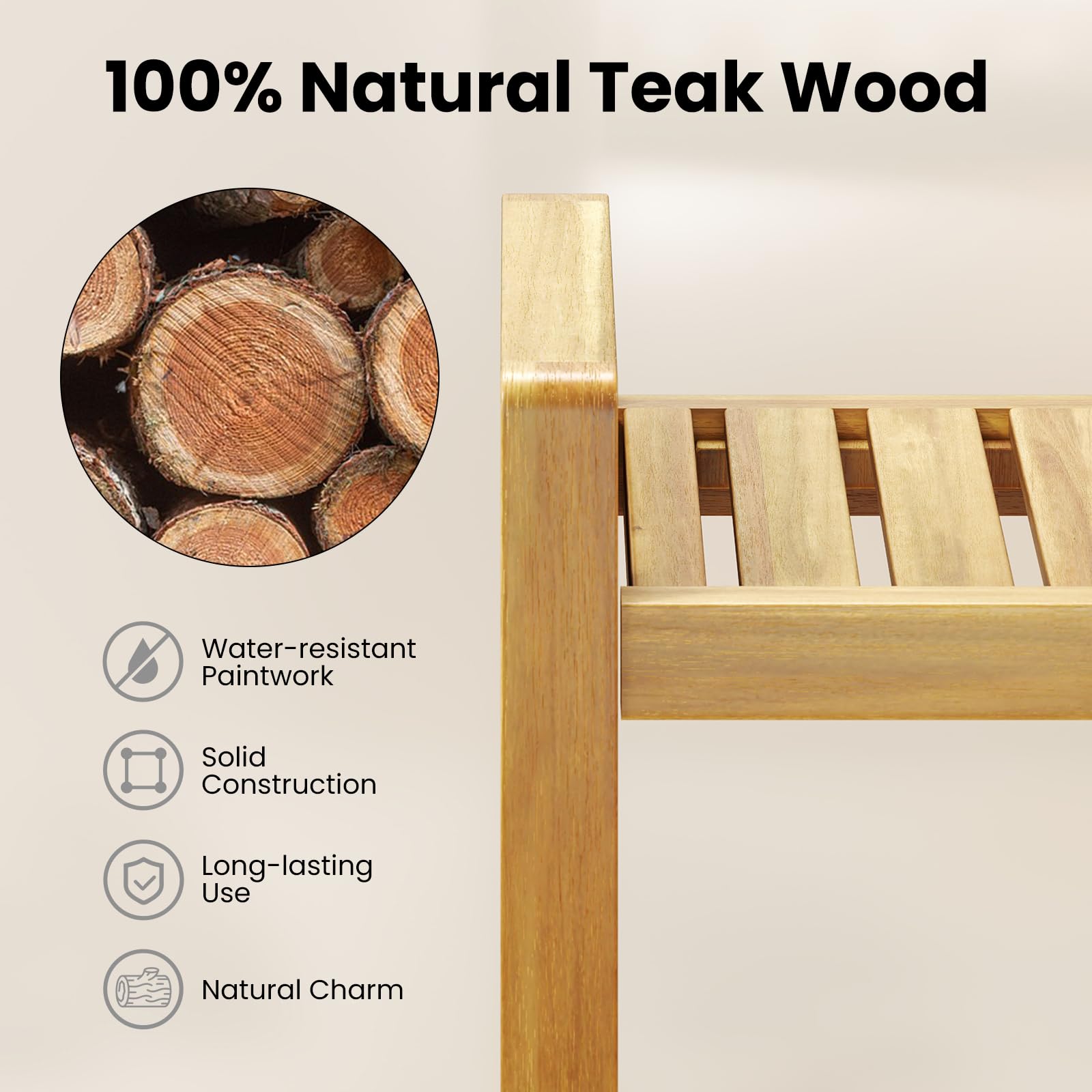 Giantex Teak Wood Shower Bench - 20" Waterproof Shower Stool with Handles and Slatted Seat for Inside Shower