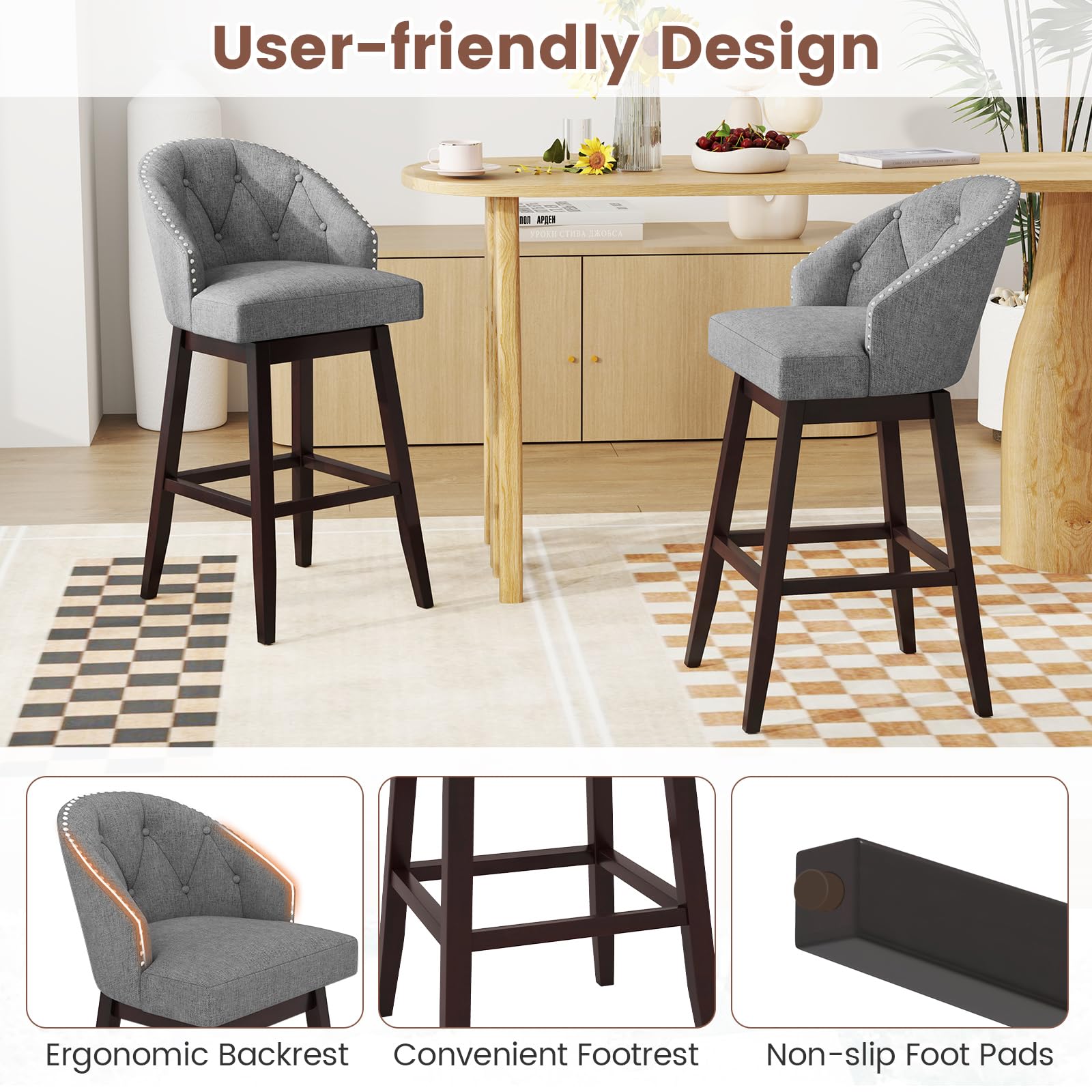 Giantex Modern Upholstered Bar Stools Set of 2/4, 31" Bar Height Swivel Kitchen Stools w/Button-Tufted Back