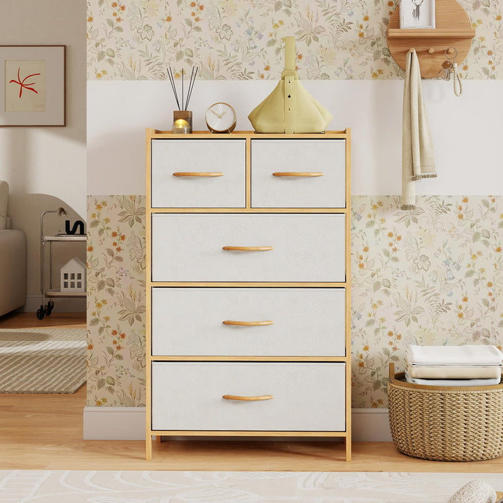 Giantex 5-Drawer Dresser for Bedroom Bamboo Storage Tower