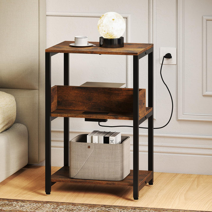 Giantex Side Table with Charging Station - Industrial 3-Tier Bedside Table w/Open Storage Shelves