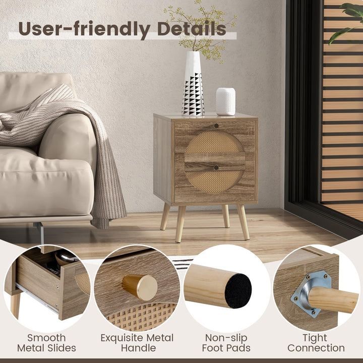 Giantex Rattan Nightstand Set of 2, Boho Bedside Tables with 2 Rattan Drawers