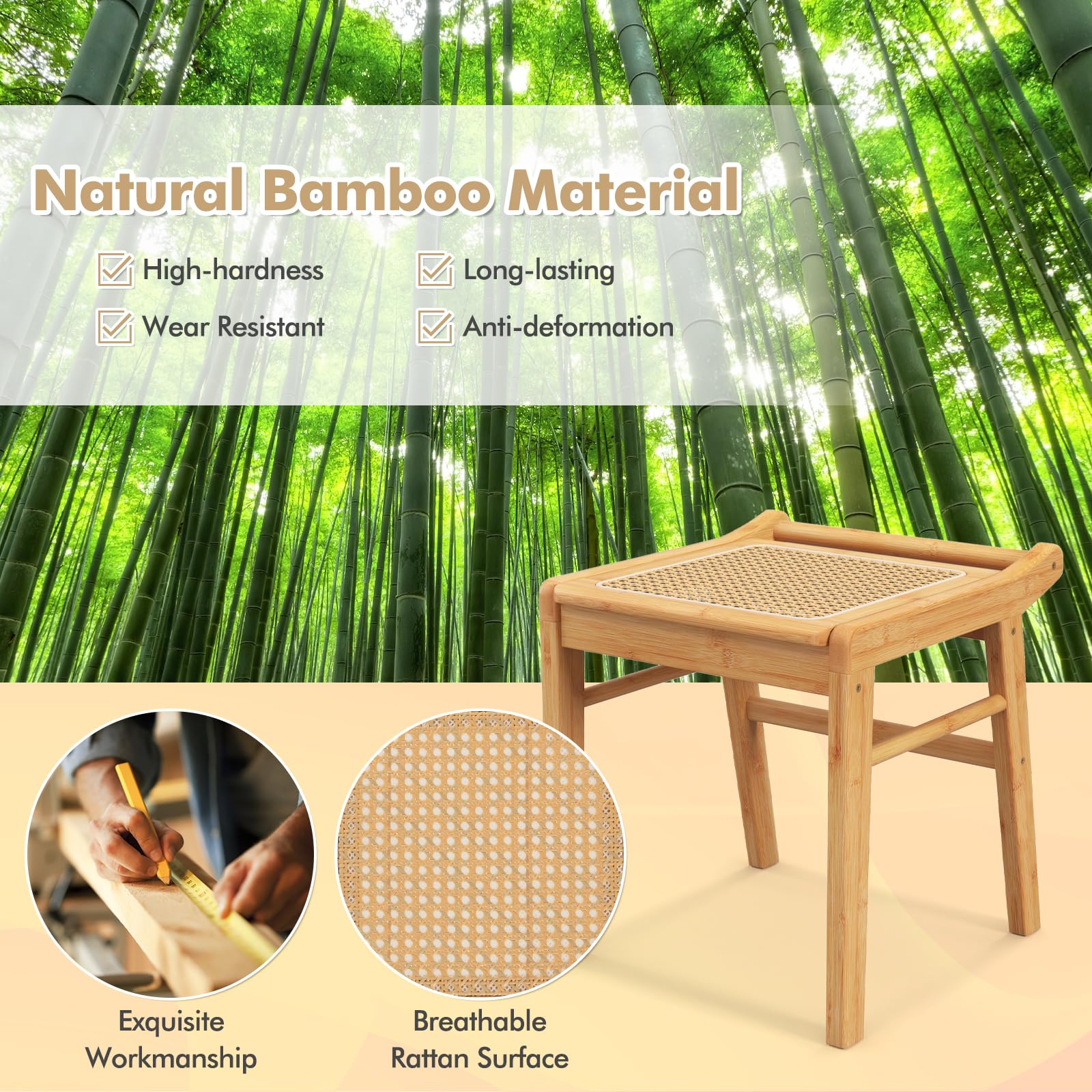 CHARMAID Vanity Stool, Bamboo Ottoman Foot Rest with Rattan Seat, Anti-Slip Foot Pads