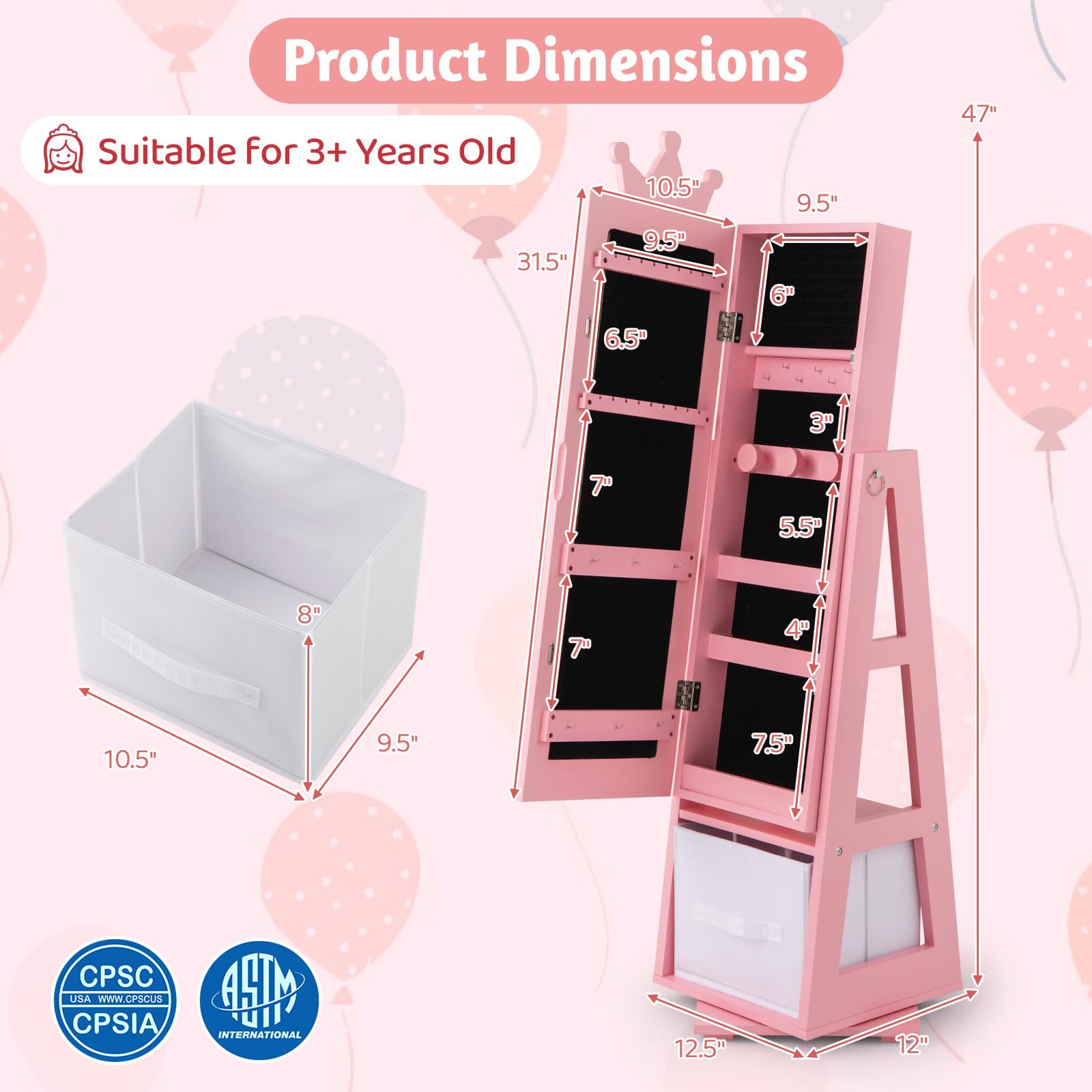 CHARMAID 360° Swivel Kids Jewelry Cabinet, 47" Full Length Mirror with Jewelry Storage