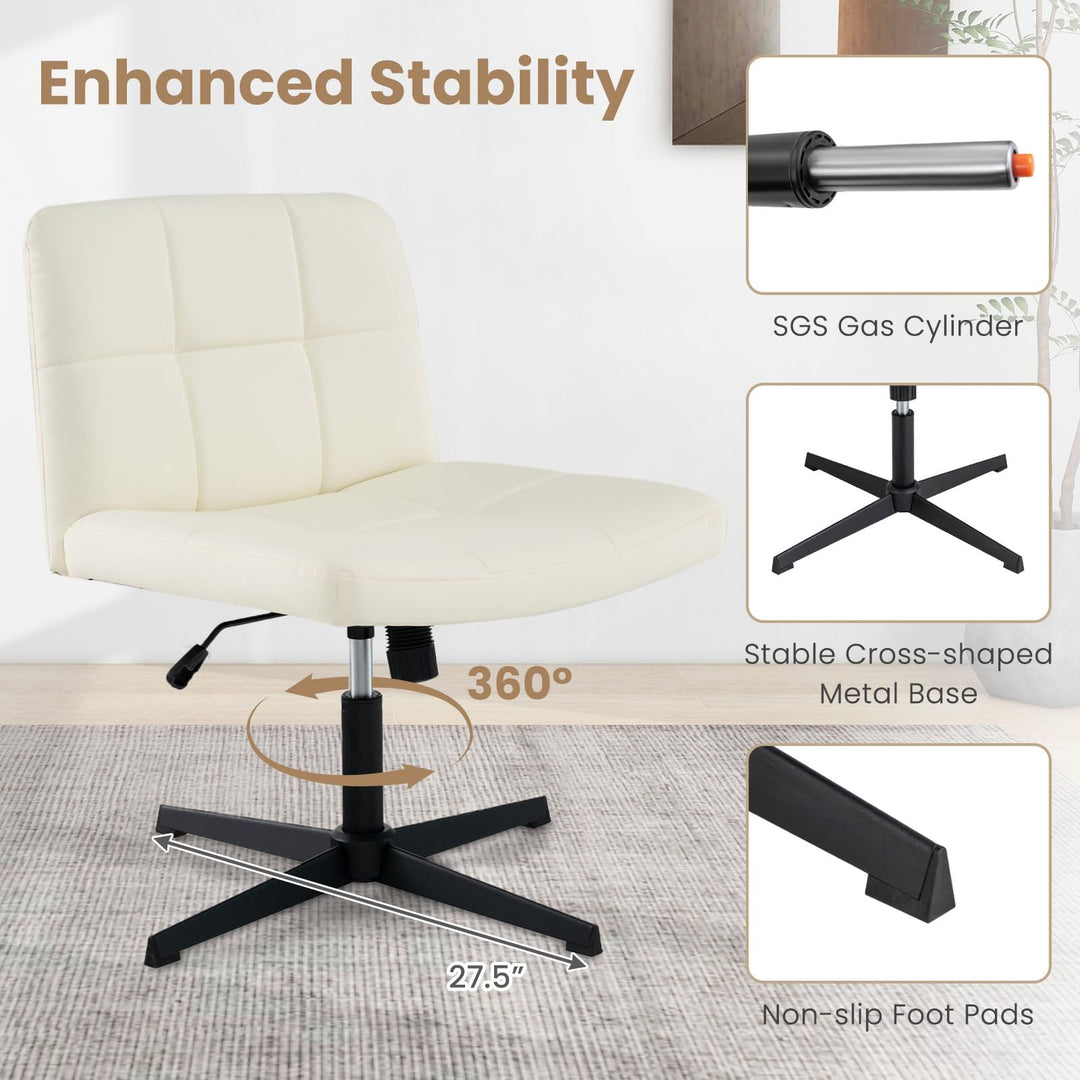 Giantex Criss Cross Chair, PU Leather Cross Legged Office Chair No Wheels, Height-adjustable Swivel Vanity Chair with U-shaped Seat