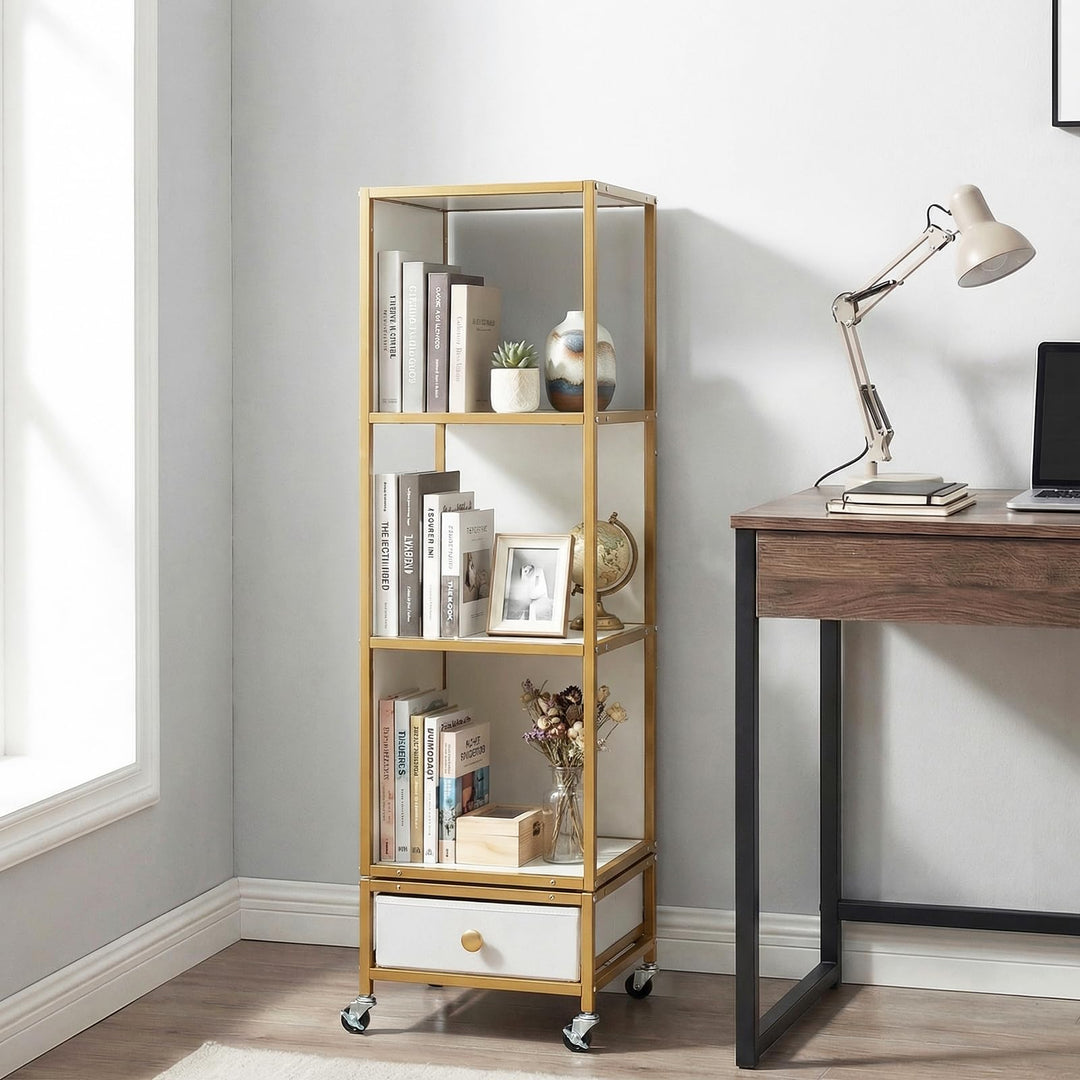 Giantex 4-Tier Rotating Bookshelf | 360° Spinning Corner Book Shelf Tower W/Removable Fabric Storage Drawer