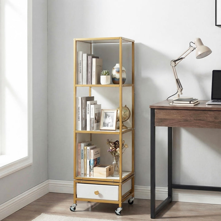 Giantex 4-Tier Rotating Bookshelf | 360° Spinning Corner Book Shelf Tower W/Removable Fabric Storage Drawer