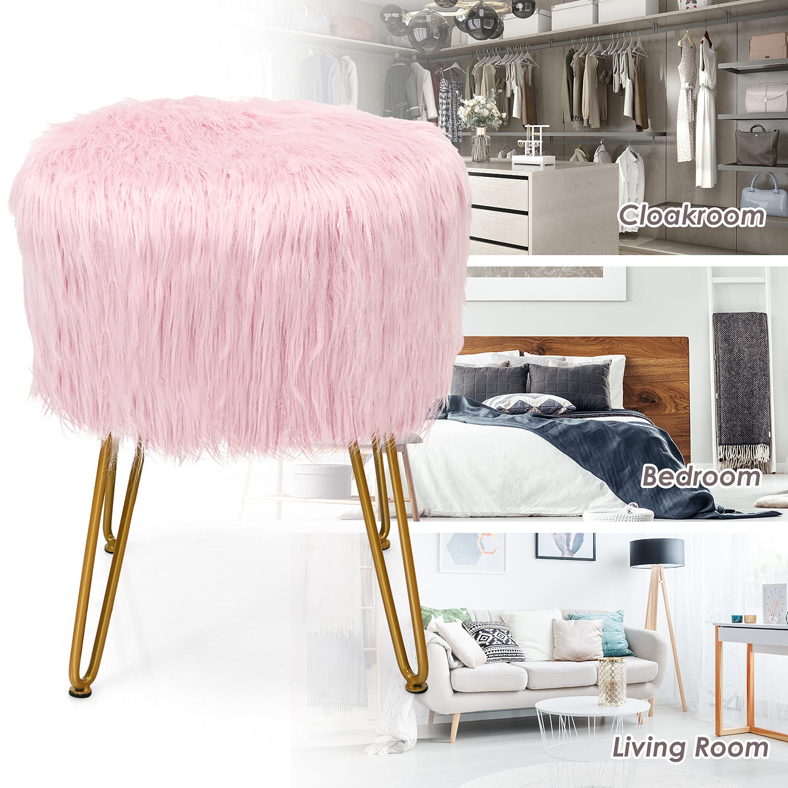 Ottoman Footrest, Faux Fur Vanity Stool Chair