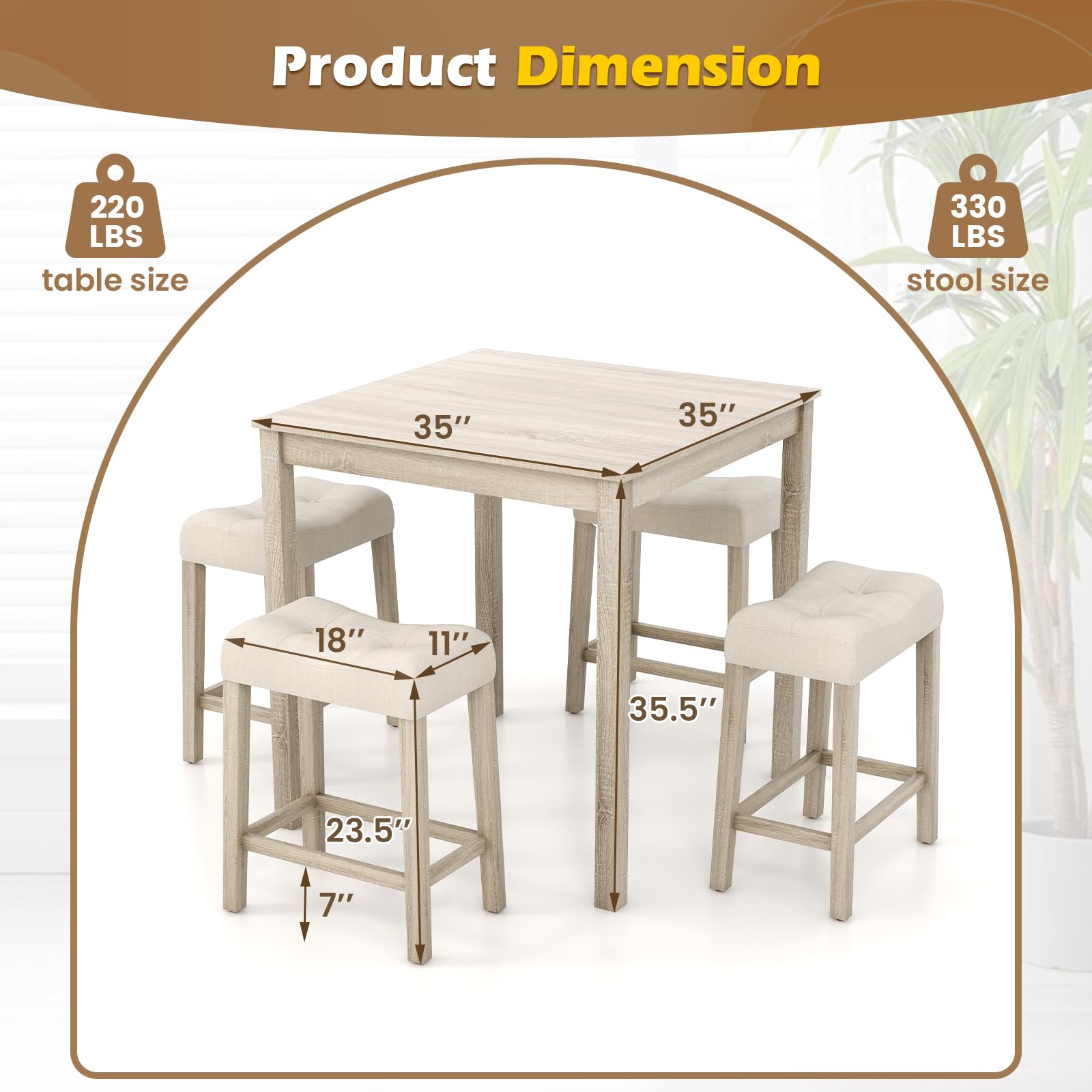 Giantex Dining Table Set for 4, 5-Piece Bar Table Set with 35”x35 Square Table, 18”x11 Padded Stools