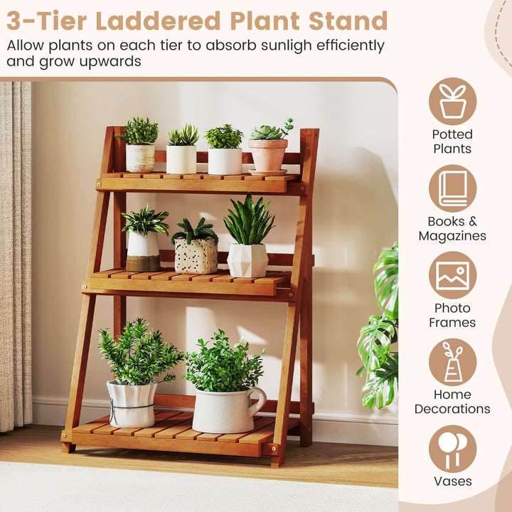 Giantex Foldable Ladder Plant Shelf 3-Tier Solid Wood Indoor Outdoor Flower Pot Display Rack