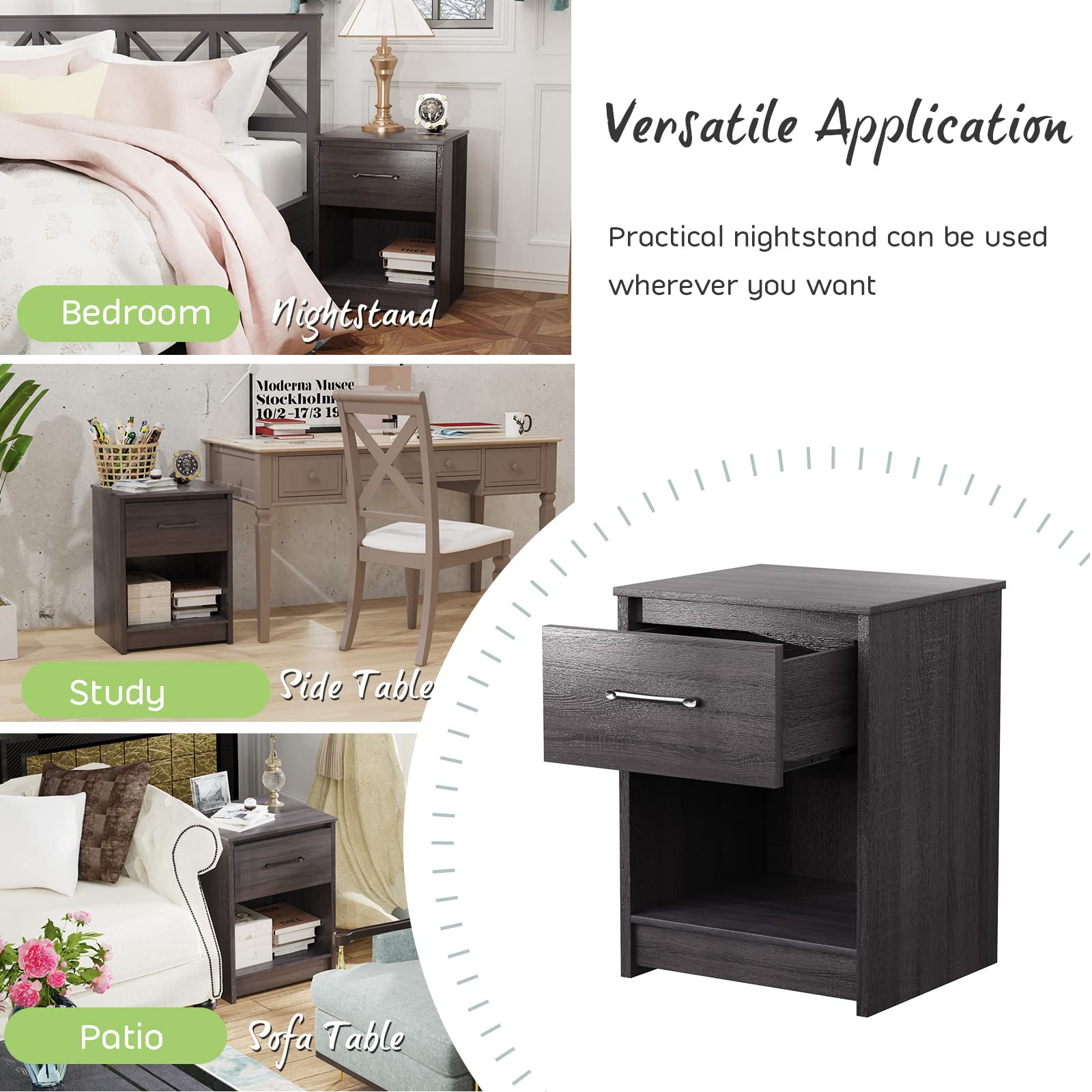 Nightstand w/Drawer, Wooden End Table w/Open Storage Compartment