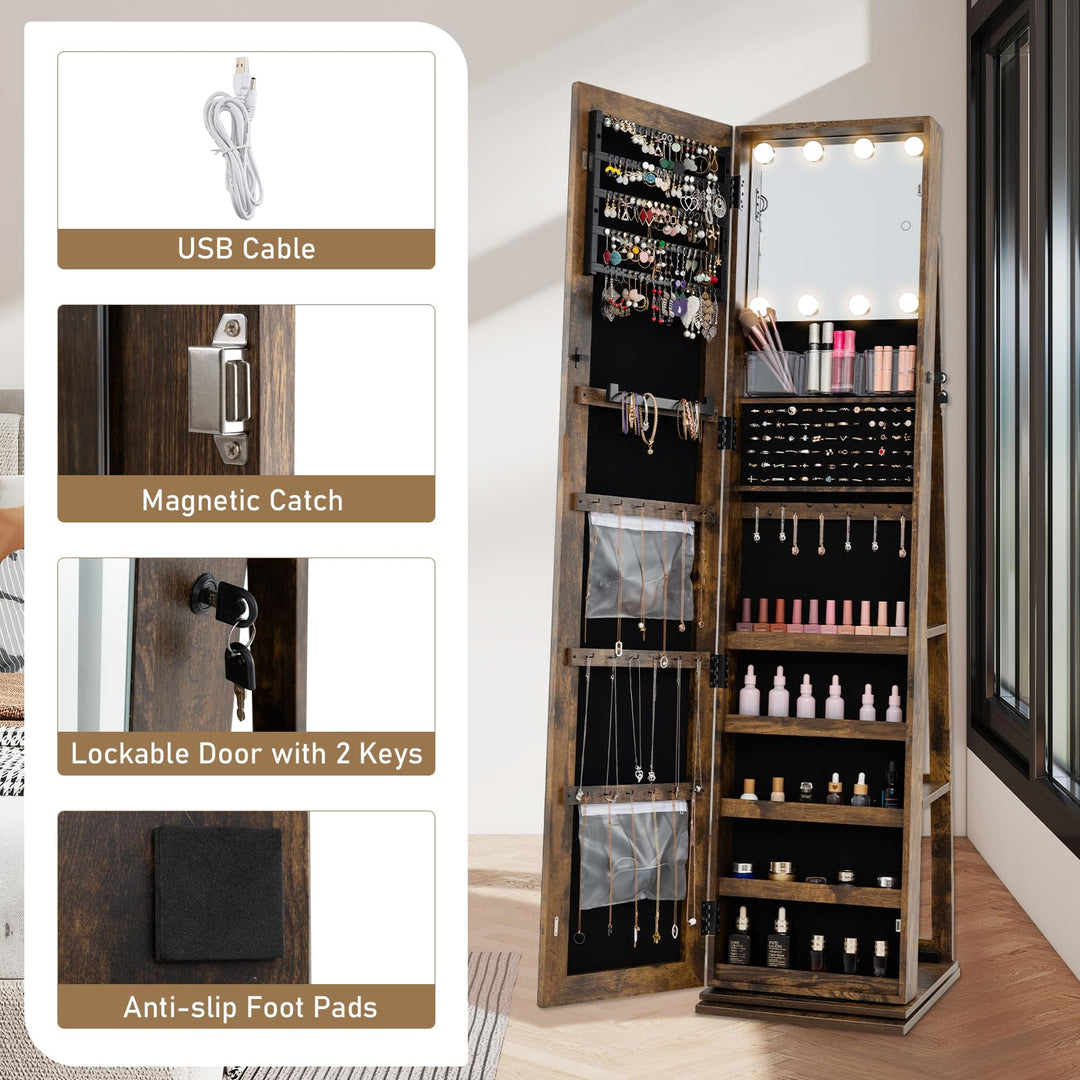 CHARMAID Swivel Jewelry Armoire with Full-Length Mirror & Lighted Makeup Mirror
