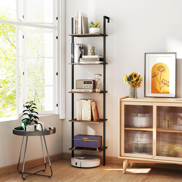 Giantex 5 Tier Ladder Shelf Wall Mount Bookshelf with Anti-Tipping Kits & Metal Frame