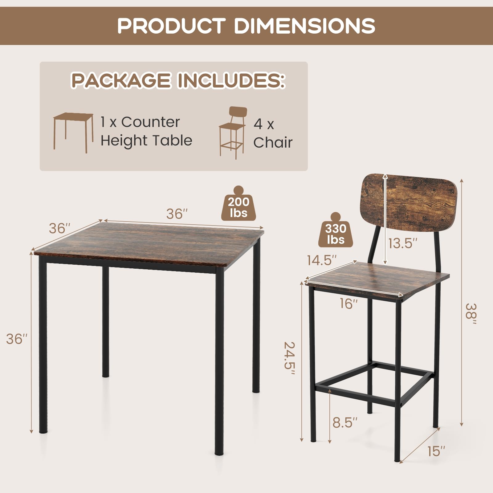 Giantex 5-Piece Dining Table Set W/Counter Height Table & 4 Bar Stools
