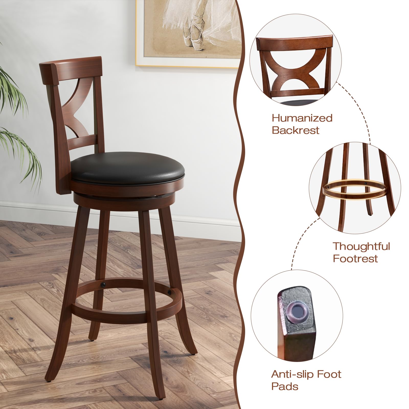 Giantex Bar Stools Set of 2, 30.5" Counter Height Bar Dining Chairs with Back & Footrest, Rubber Wood Frame
