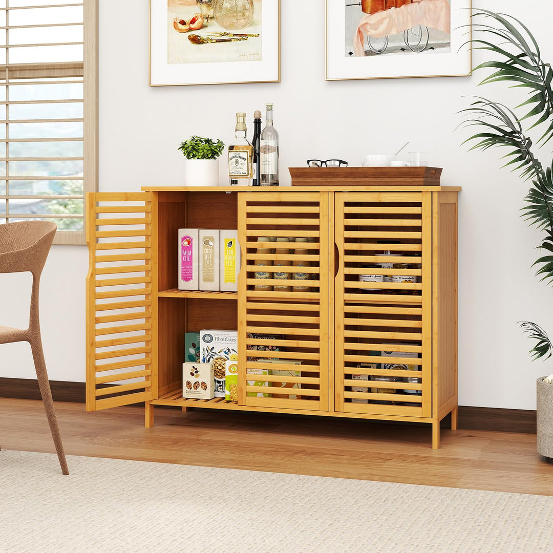 Giantex Bamboo Bathroom Storage Cabinet 3-Door Storage Organizer with Shelves