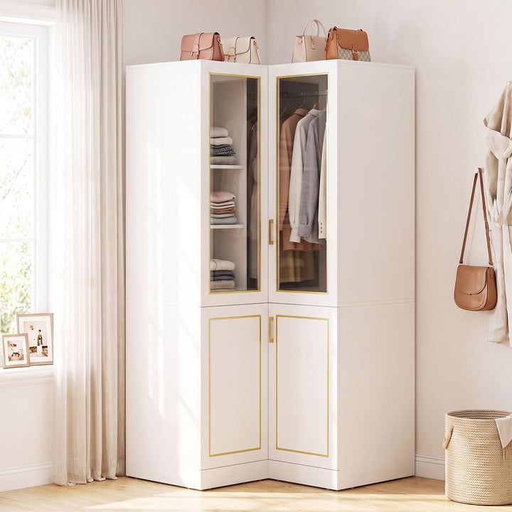 GIANTEX 70" L-shaped Armoire Wardrobe Closet with Glass Doors &amp; Adjustable Shelves