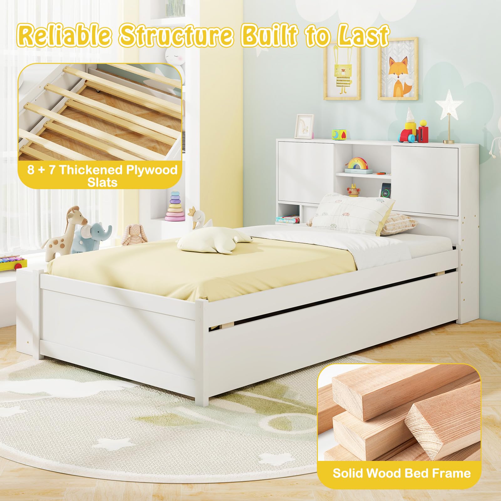 Giantex White Twin Size Bed Frame with Trundle and Bookcase Headboard