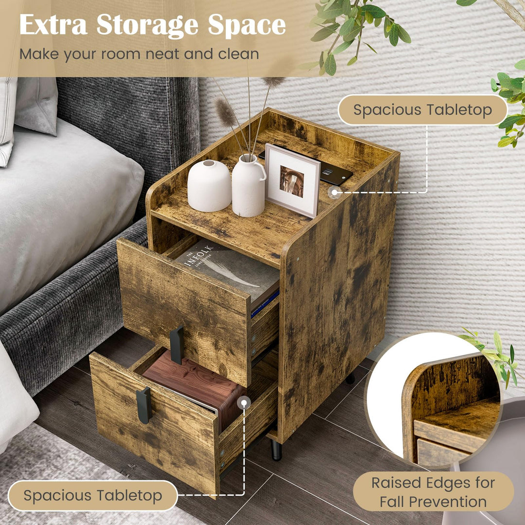 Giantex Nightstand with Charging Station, Narrow End Table with 2 Drawers & Metal Gold Legs