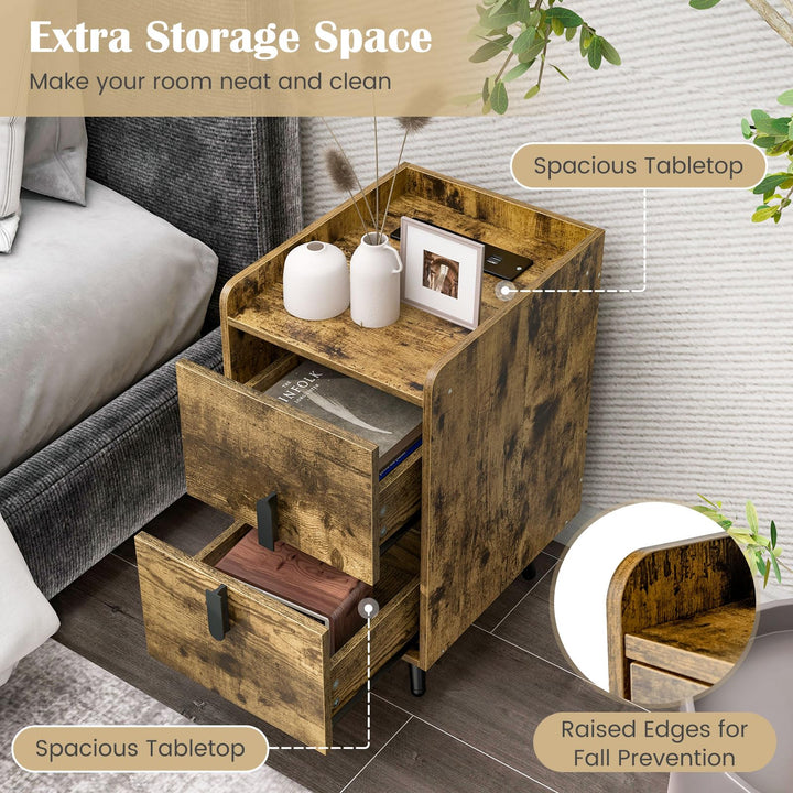 Giantex Nightstand with Charging Station, Narrow End Table with 2 Drawers & Metal Gold Legs