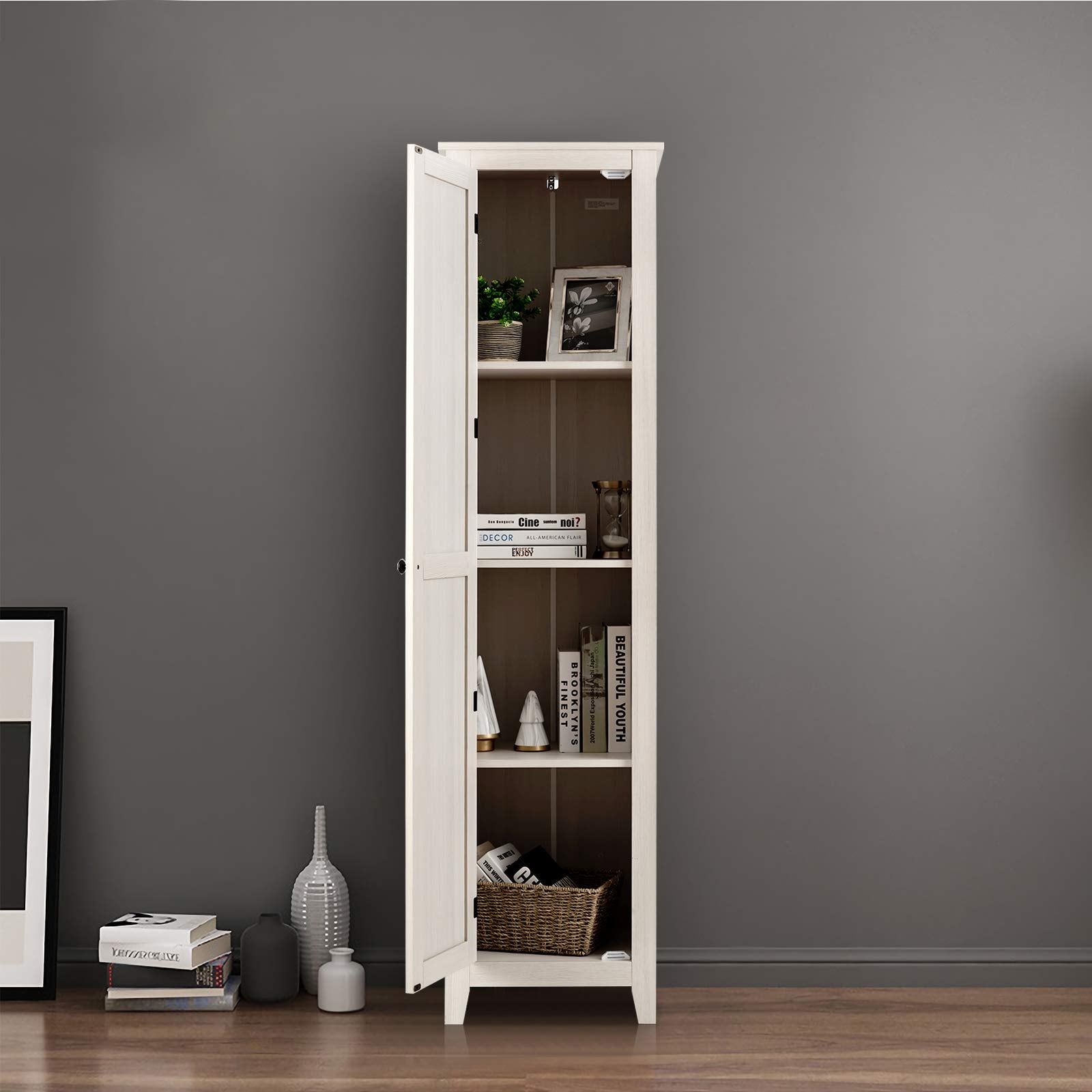 Giantex Tall Storage Cabinet Freestanding Floor Storage Tower with Four Shelves and Single Door