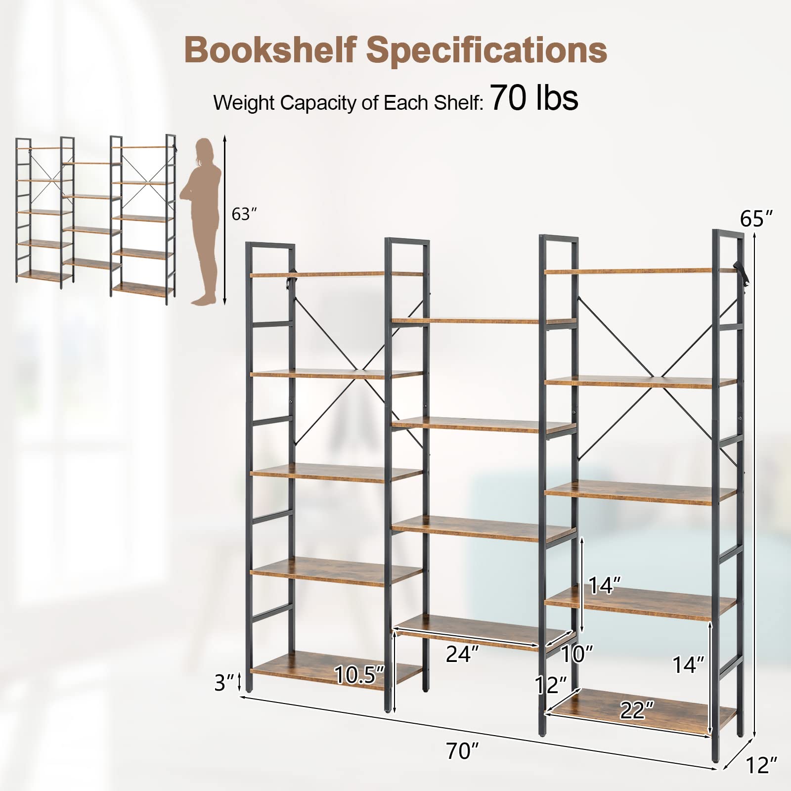 Giantex Triple 5-Tier Industrial Bookshelf- Freestanding Metal Frame Ladder Bookcase with 14 Open Shelves