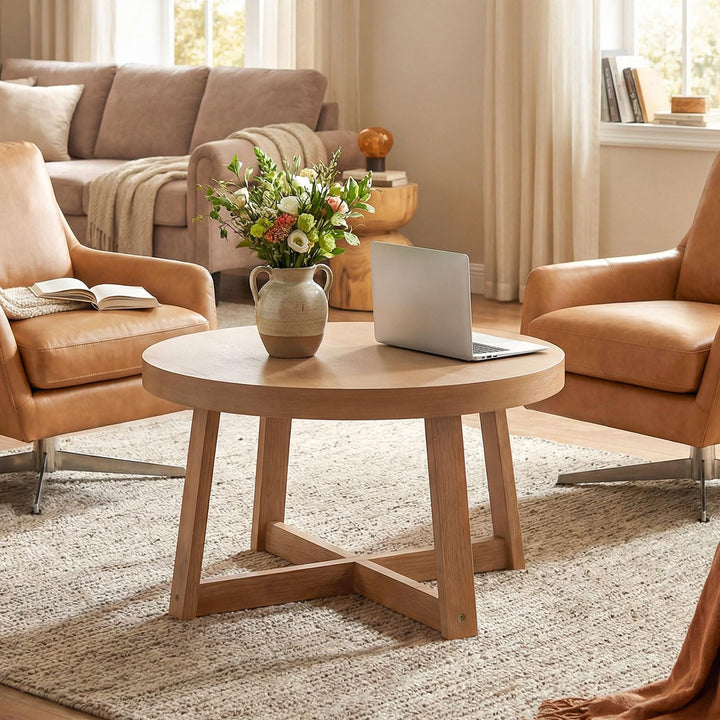 Giantex 30" Wood Center Table with Thickened Tabletop &amp; Cross-Shaped Pine Wood Frame