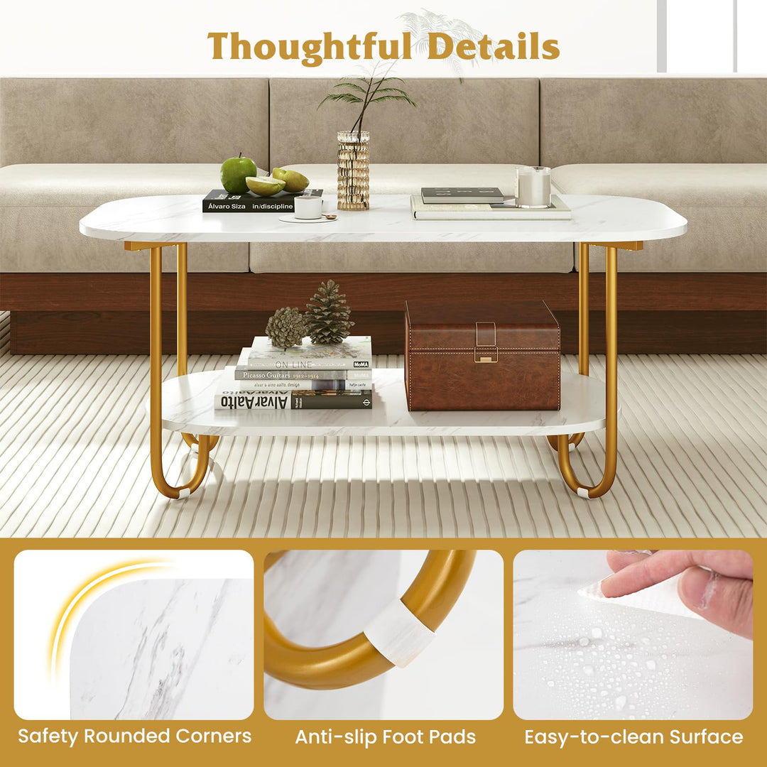 Giantex 2 Tier Coffee Table with Storage Modern Faux Marble Center Table