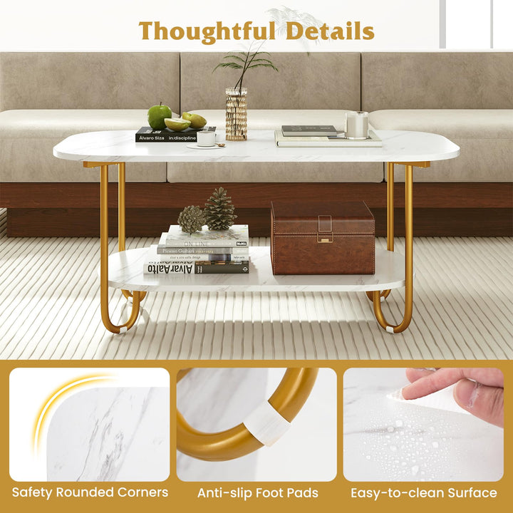 Giantex 2 Tier Coffee Table with Storage Modern Faux Marble Center Table