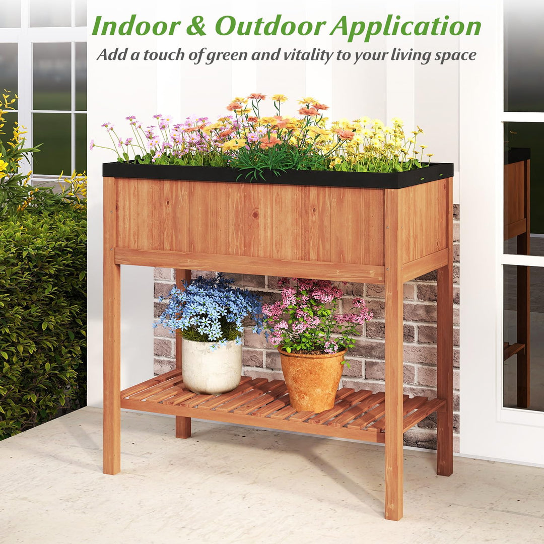 Giantex 40"x20"x39" Raised Garden Bed Wood Planter Box with Plant Stand & Black Liner