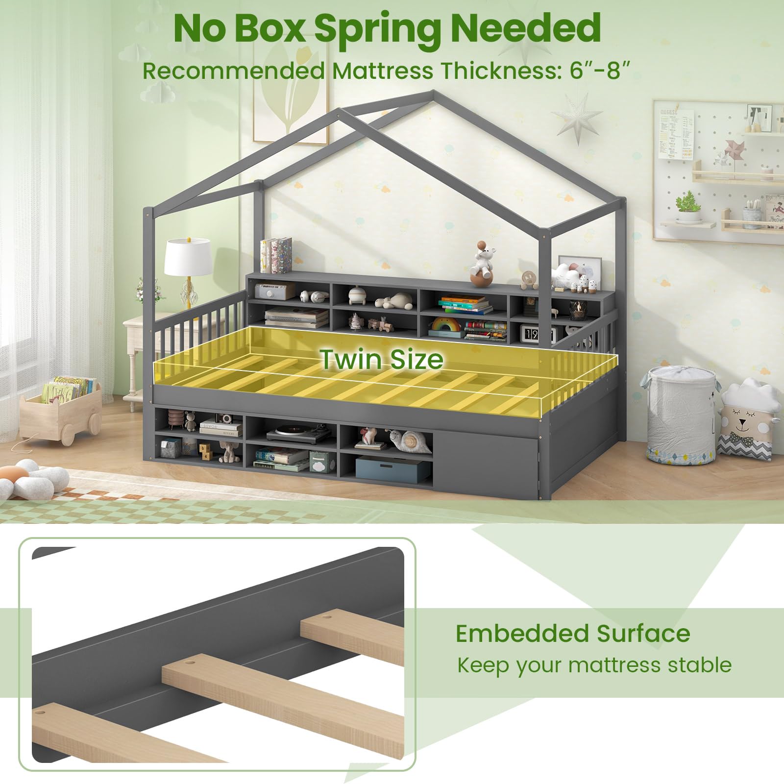 Giantex Twin Size House Bed with Storage, Wooden Montessori House Bed with 14 Storage Cubes