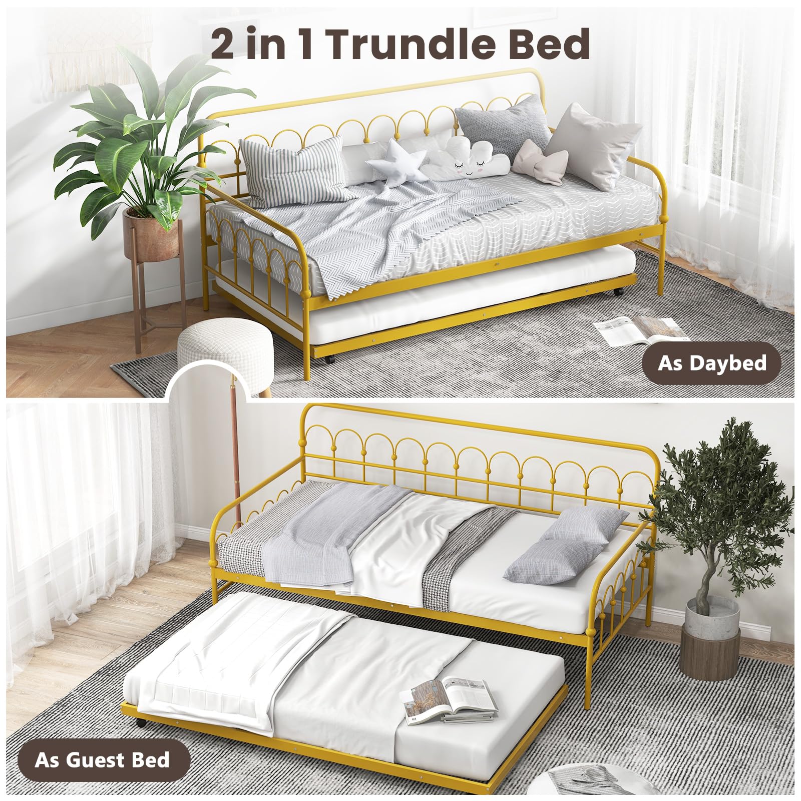 Giantex Twin Daybed with Trundle Gold, Metal Day Bed with Convenient Pull-Out Trundle Bed