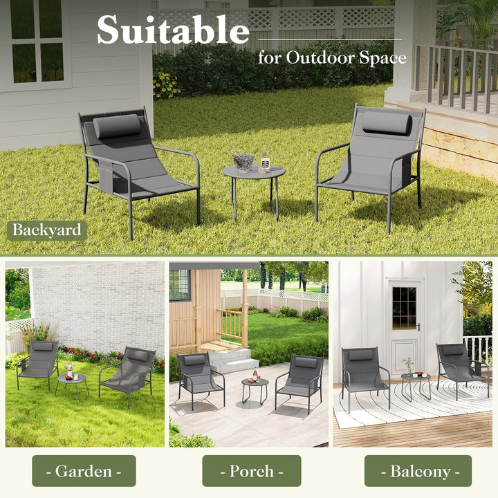 Giantex 3 Piece Patio Bistro Set, Outdoor Metal Chairs Set of 2 with Coffee Table, Breathable Fabric Seats
