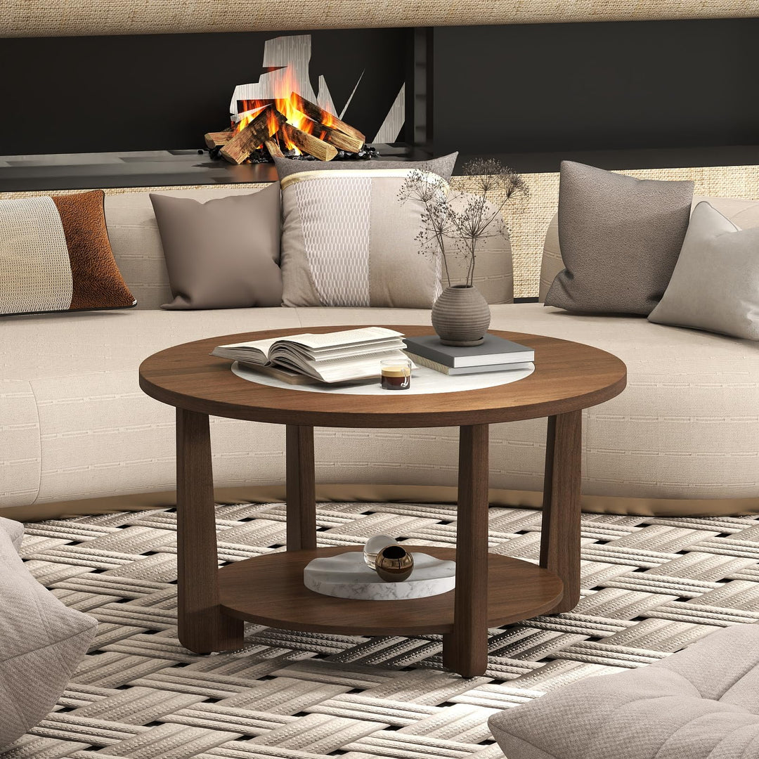 Giantex 2-Tier Round Farmhouse Living Room Coffee Table with 2-Tone Tabletop