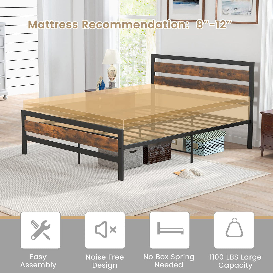 Giantex Queen Metal Platform Bed Frame with Wooden Headboard & Footboard, Rustic Brown