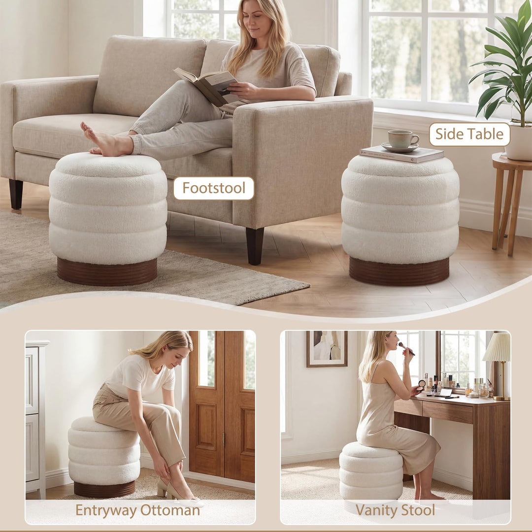 Giantex Round Ottoman with Storage 360° Swivel Boucle Vanity Stool