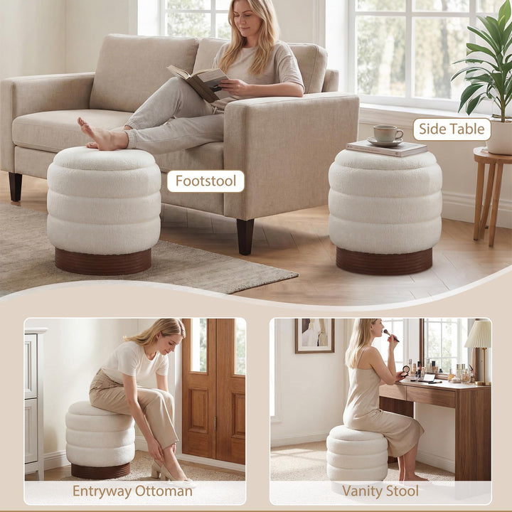 Giantex Round Ottoman with Storage 360° Swivel Boucle Vanity Stool