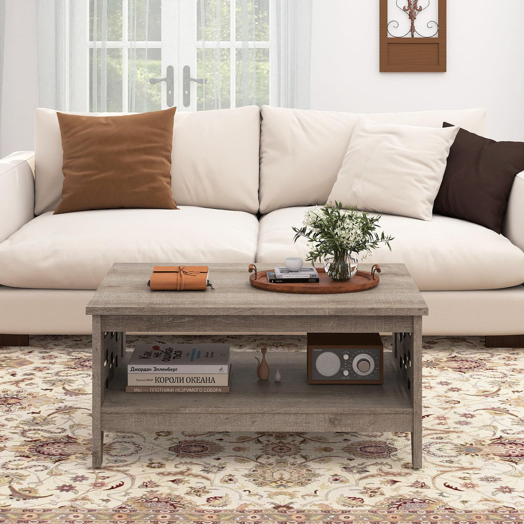 Giantex 2-Tier Farmhouse Coffee Table with Open Shelf and Woven Decorations for Living Room