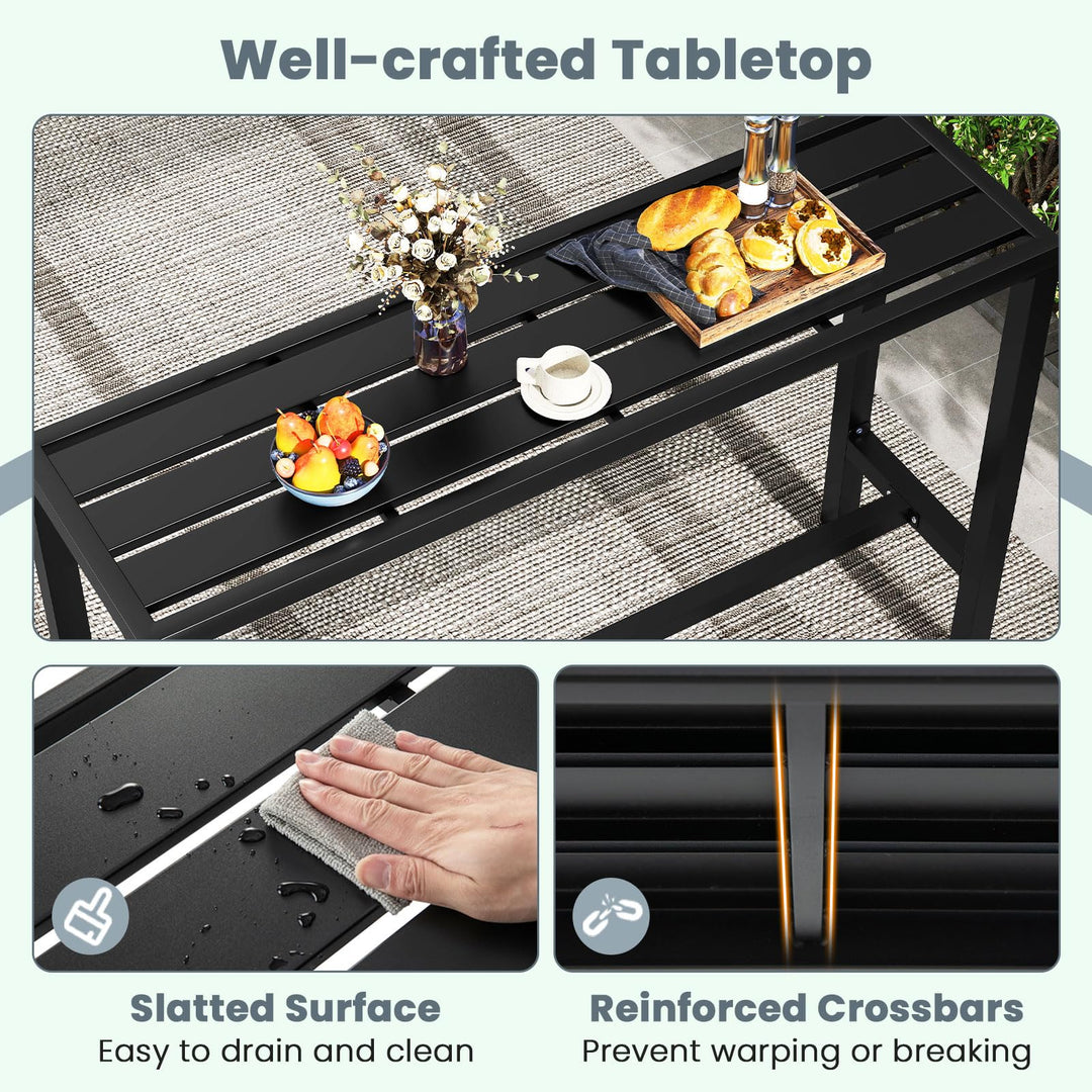 Giantex Outdoor Rectangle Bar Table with Counter Height Slatted Top & Footrest Black (55")