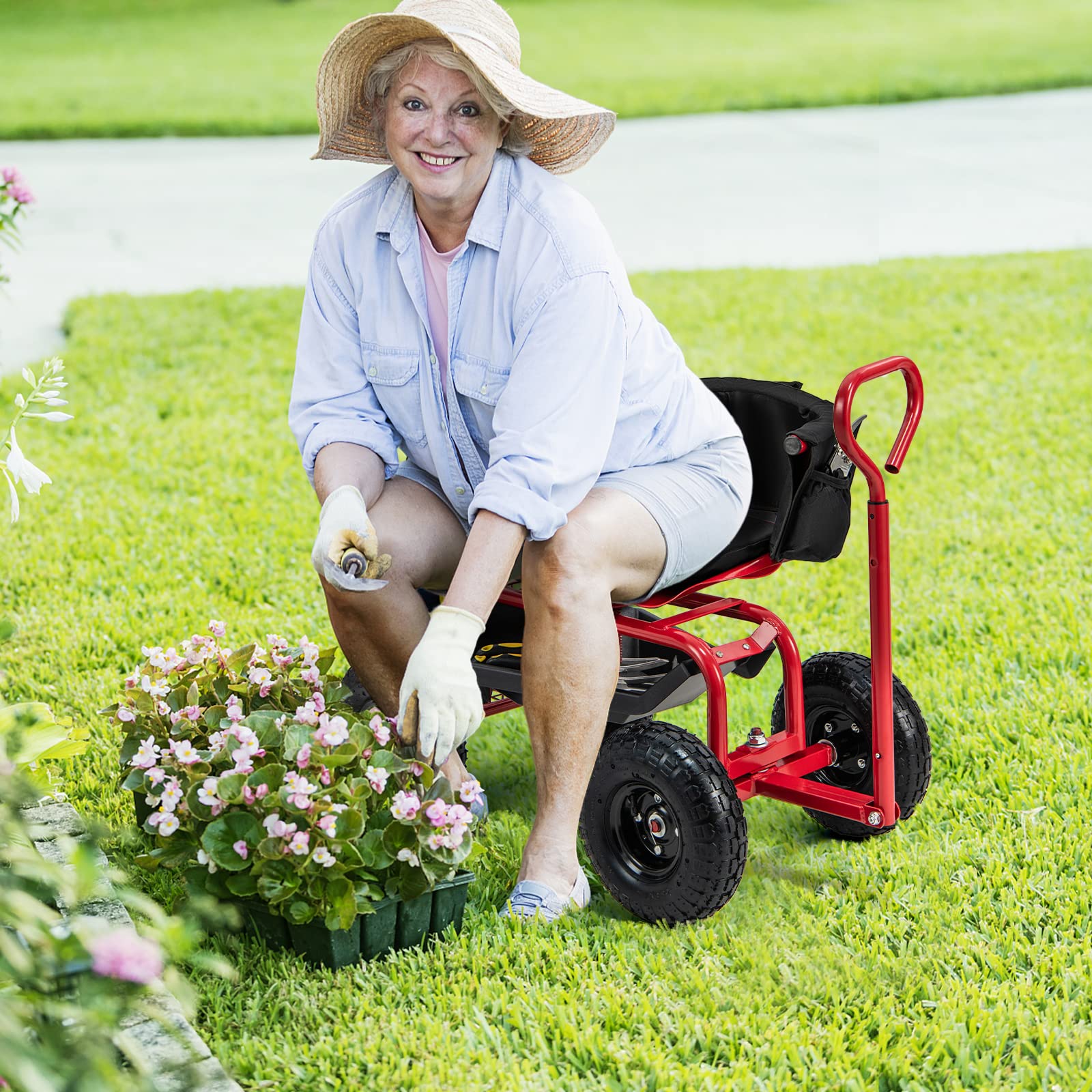Giantex Rolling Garden Cart, 360 Swivel Workseat with 4 Wheels, Removal Cushion & Tool Tray, Storage Basket