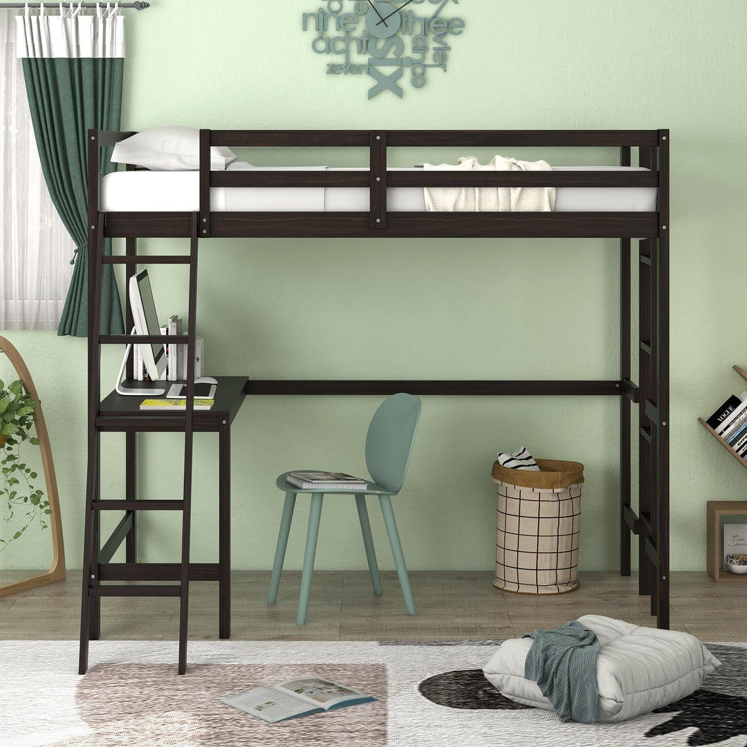 Giantex Twin Size Loft Bed with Desk, Solid Wood Loft Bed with 2 Ladders & Full Length Guardrail