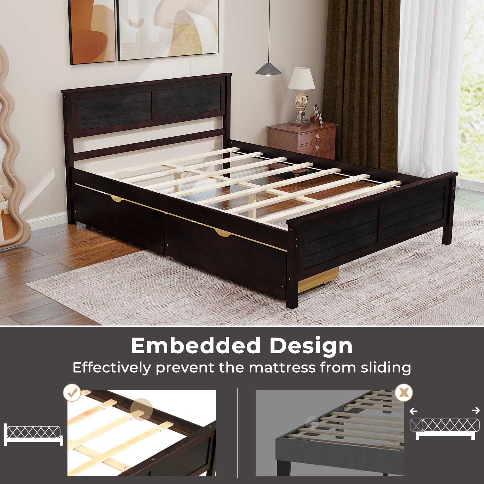 Giantex Wood Full Size Bed Frame with 2 Storage Drawers, Solid Wood Platform Bed with Headboard