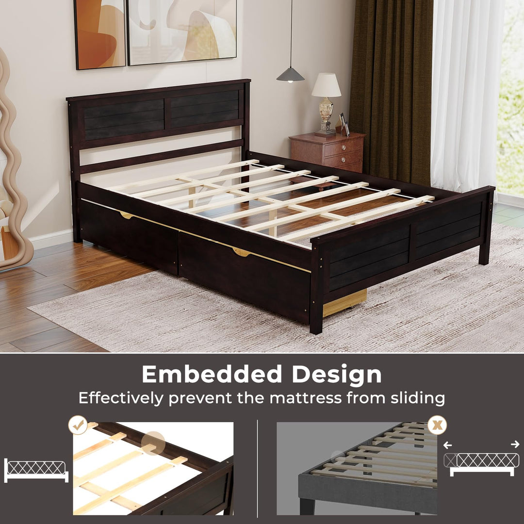 Giantex Wood Full Size Bed Frame with 2 Storage Drawers, Solid Wood Platform Bed with Headboard