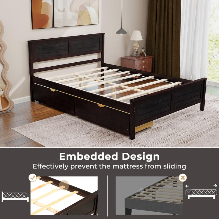 Giantex Wood Full Size Bed Frame with 2 Storage Drawers, Solid Wood Platform Bed with Headboard