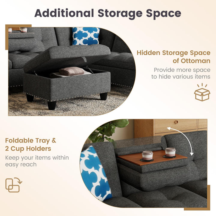 Giantex 98 Inches Sectional Sofa Couch with Movable Storage Ottoman and Linen Fabric Backs