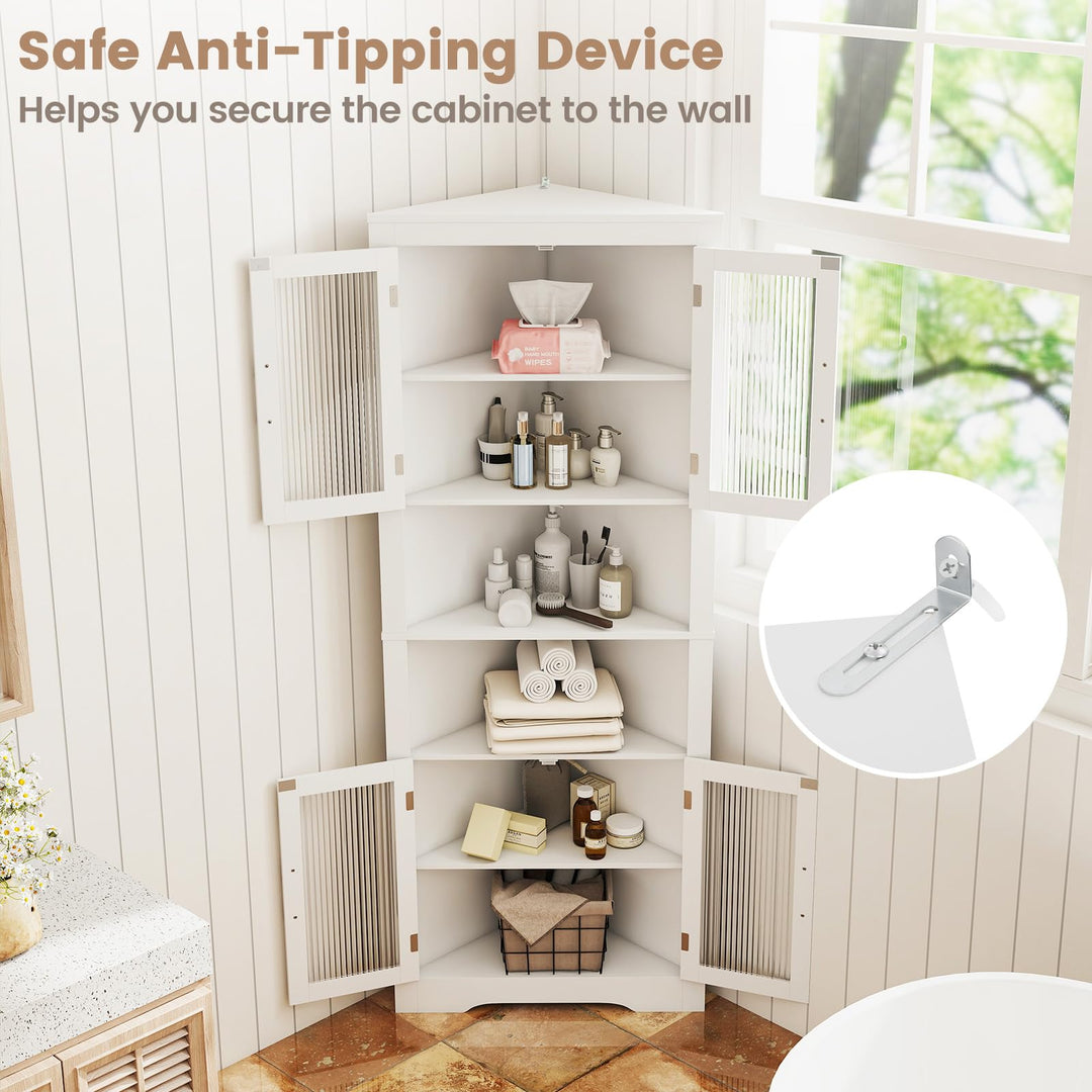 Giantex 67" Tall Corner Cabinet Space-Saving Triangular Storage Cabinet w/ 4 Tempered Glass Doors