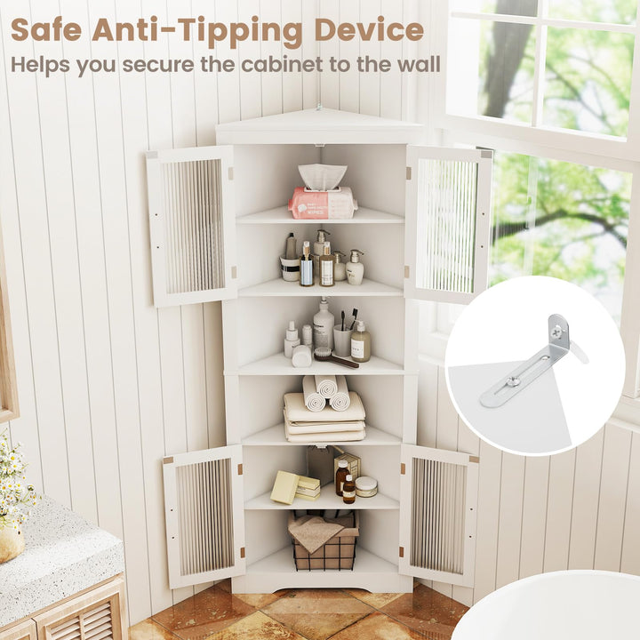 Giantex 67" Tall Corner Cabinet Space-Saving Triangular Storage Cabinet w/ 4 Tempered Glass Doors