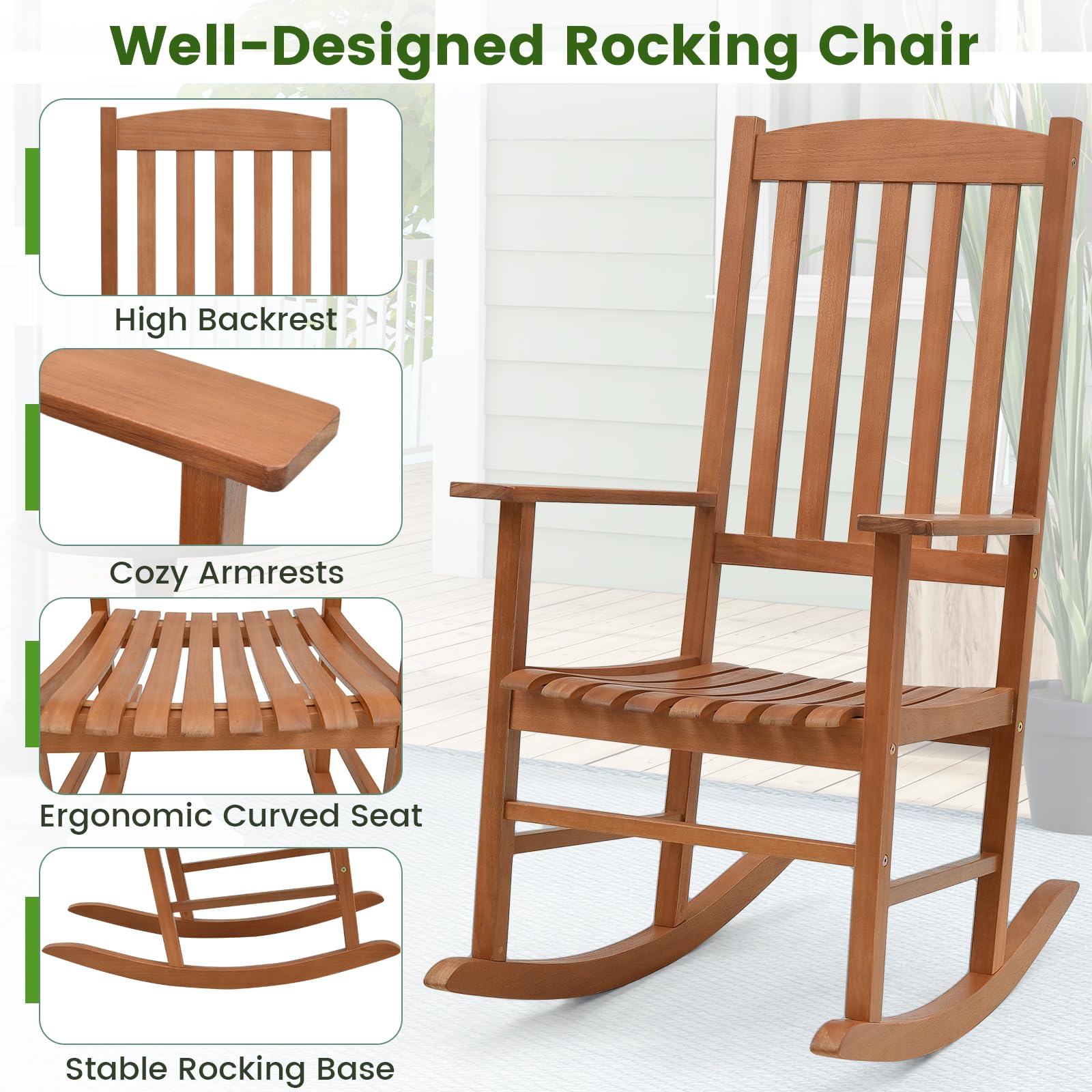 Giantex Wood Outdoor Rocking Chair - Eucalyptus Rocker Chair with Stable & Safe Rocking Base