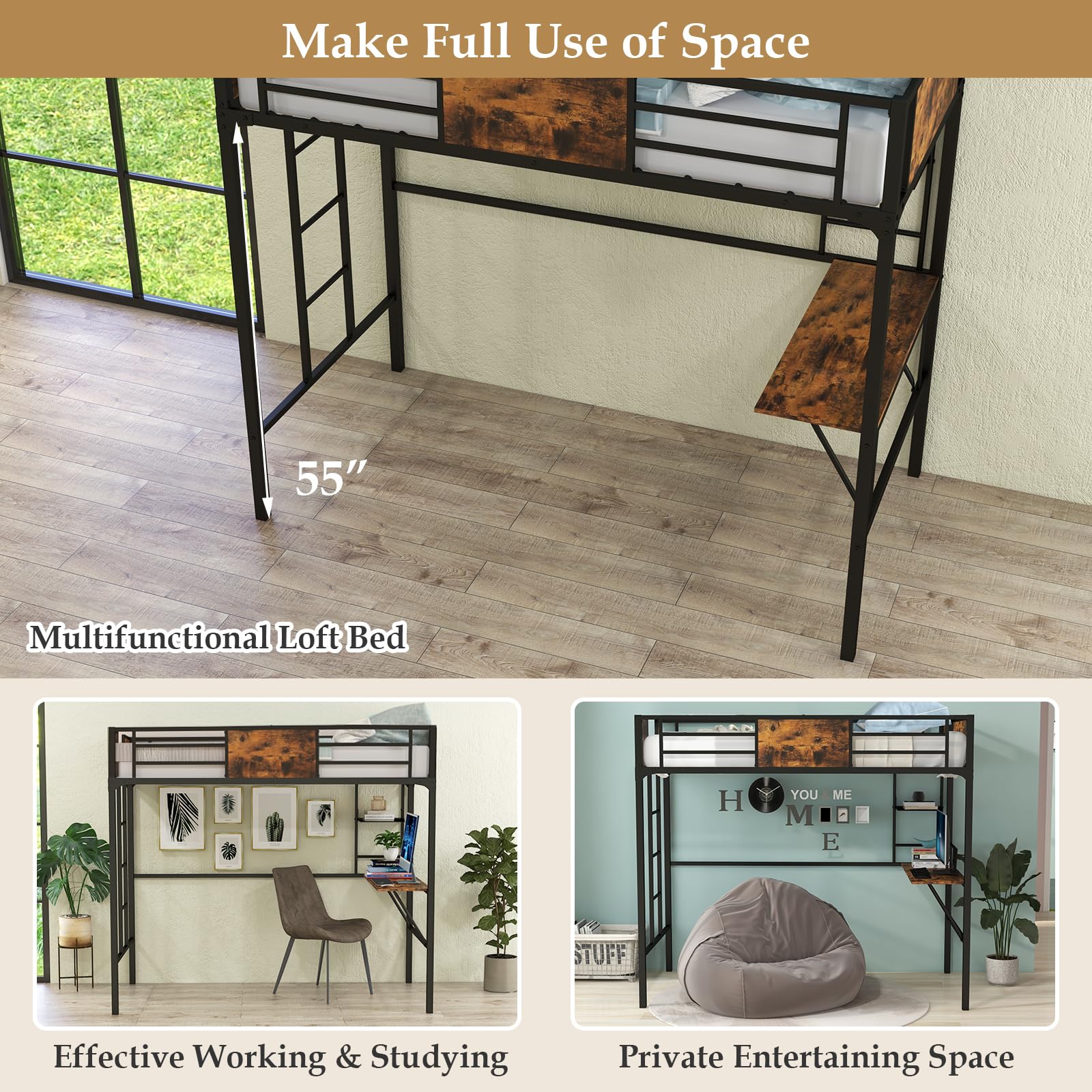 Metal Twin Loft Bed with Desk and Storage Shelf - Giantex