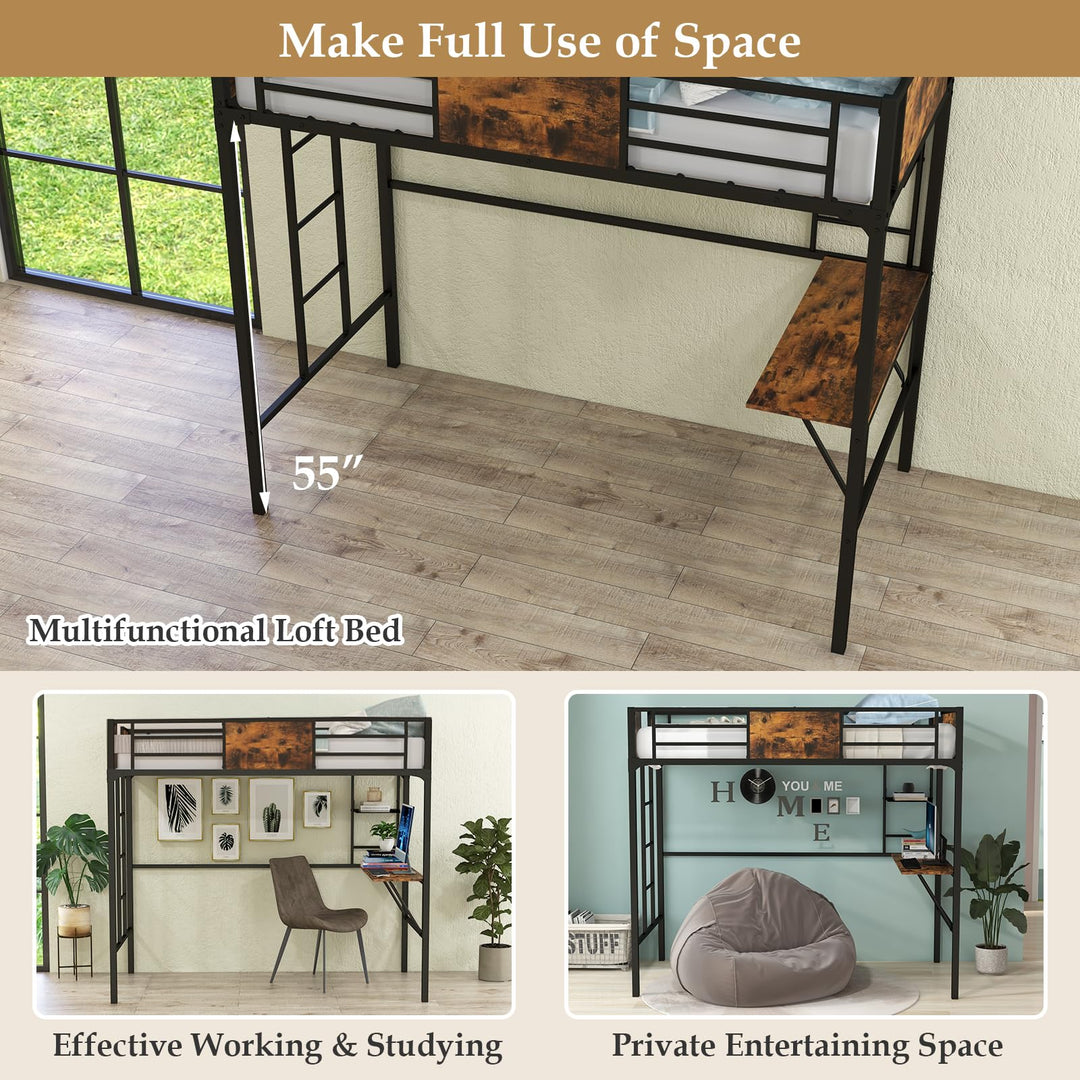Metal Twin Loft Bed with Desk and Storage Shelf - Giantex